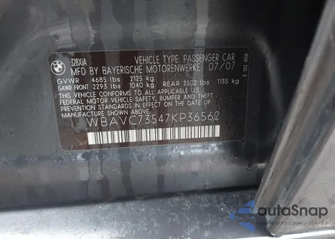 2007 BMW 328Xi from USA, damaged, VIN WBAVC73547KP36562